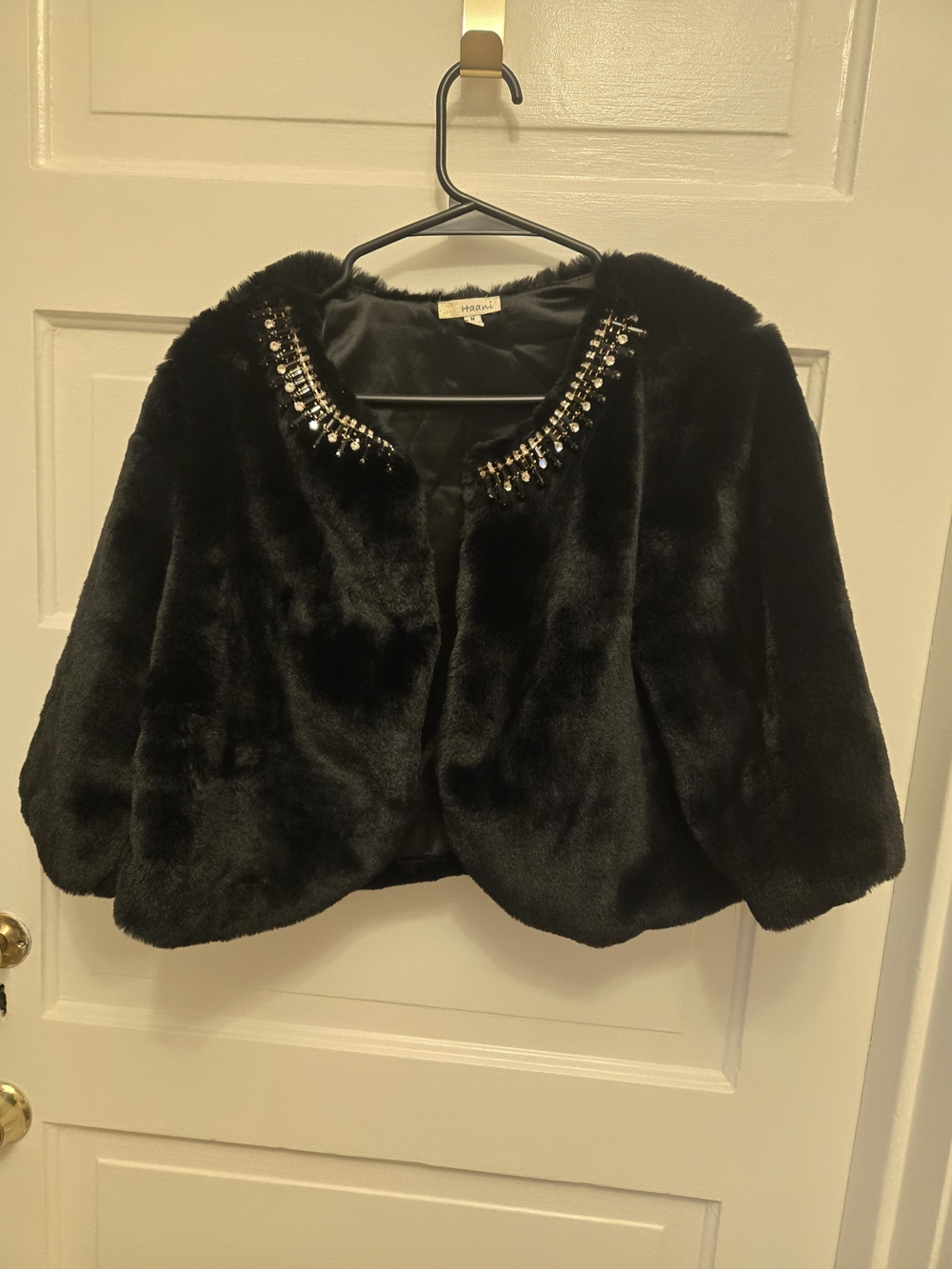 Haani Black  Fur Teddy Jacket with Beaded Collar